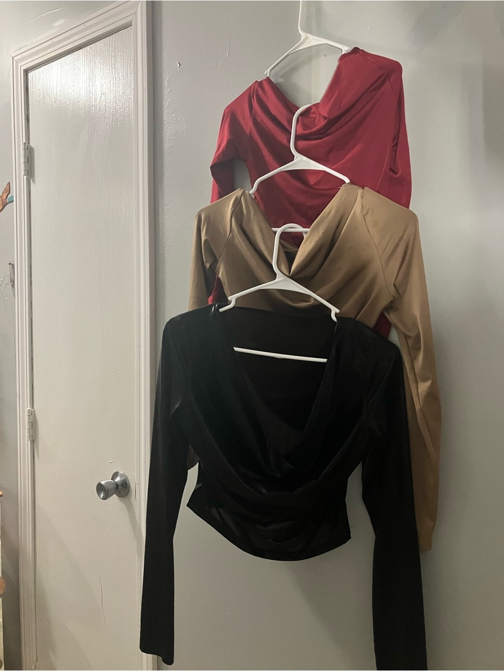 Amazon Long-Sleeve Drape Neck Top - Red, Tan, Black